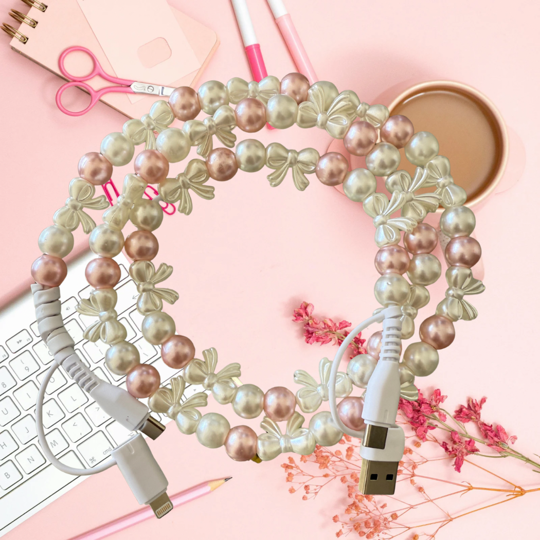 Pink & White Bow Pearl Beaded 4-in-1 Charger