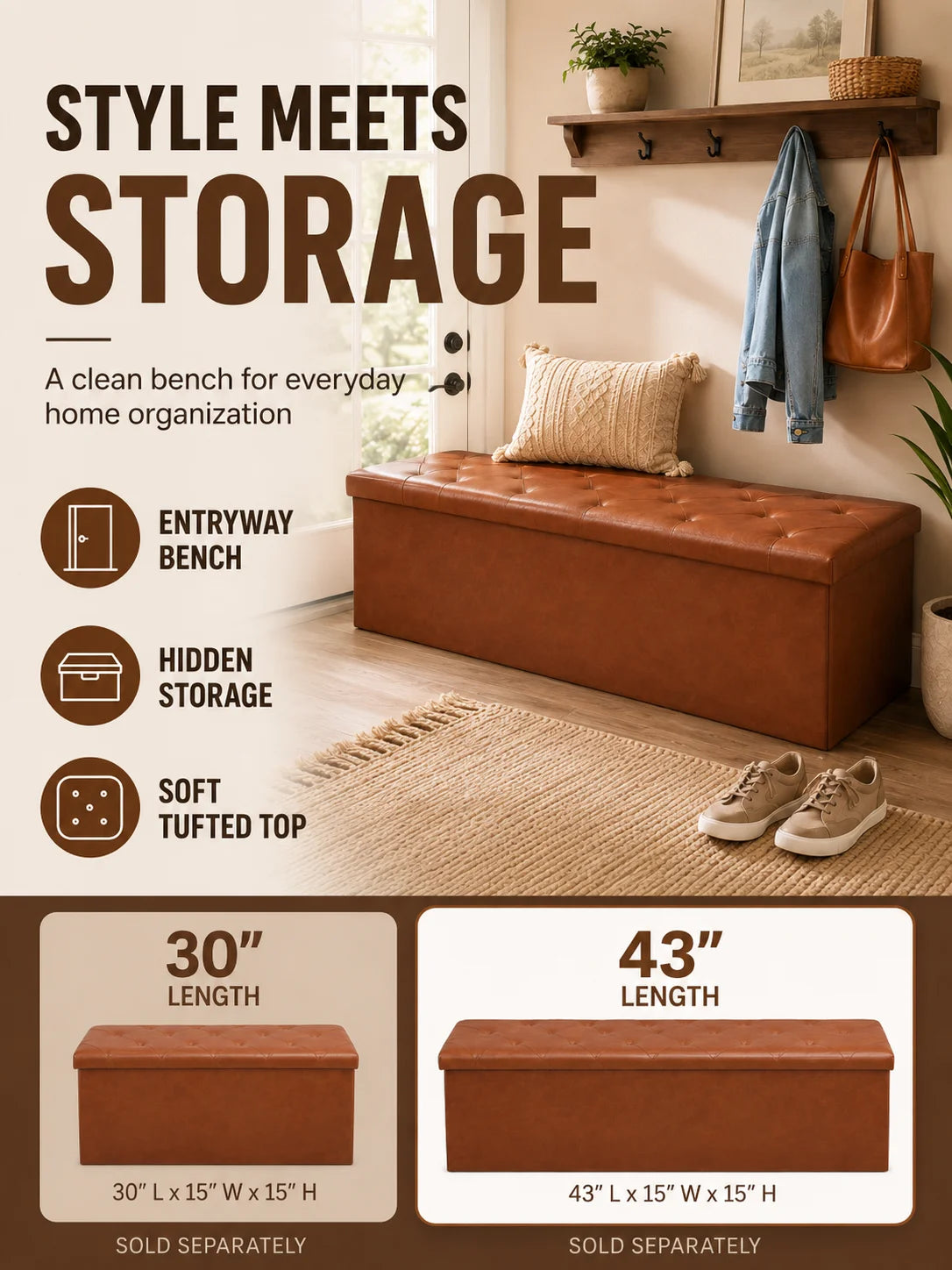 Tufted Faux Leather Storage Bench Ottoman