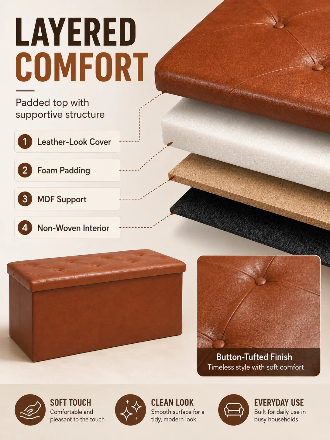 Tufted Faux Leather Storage Bench Ottoman