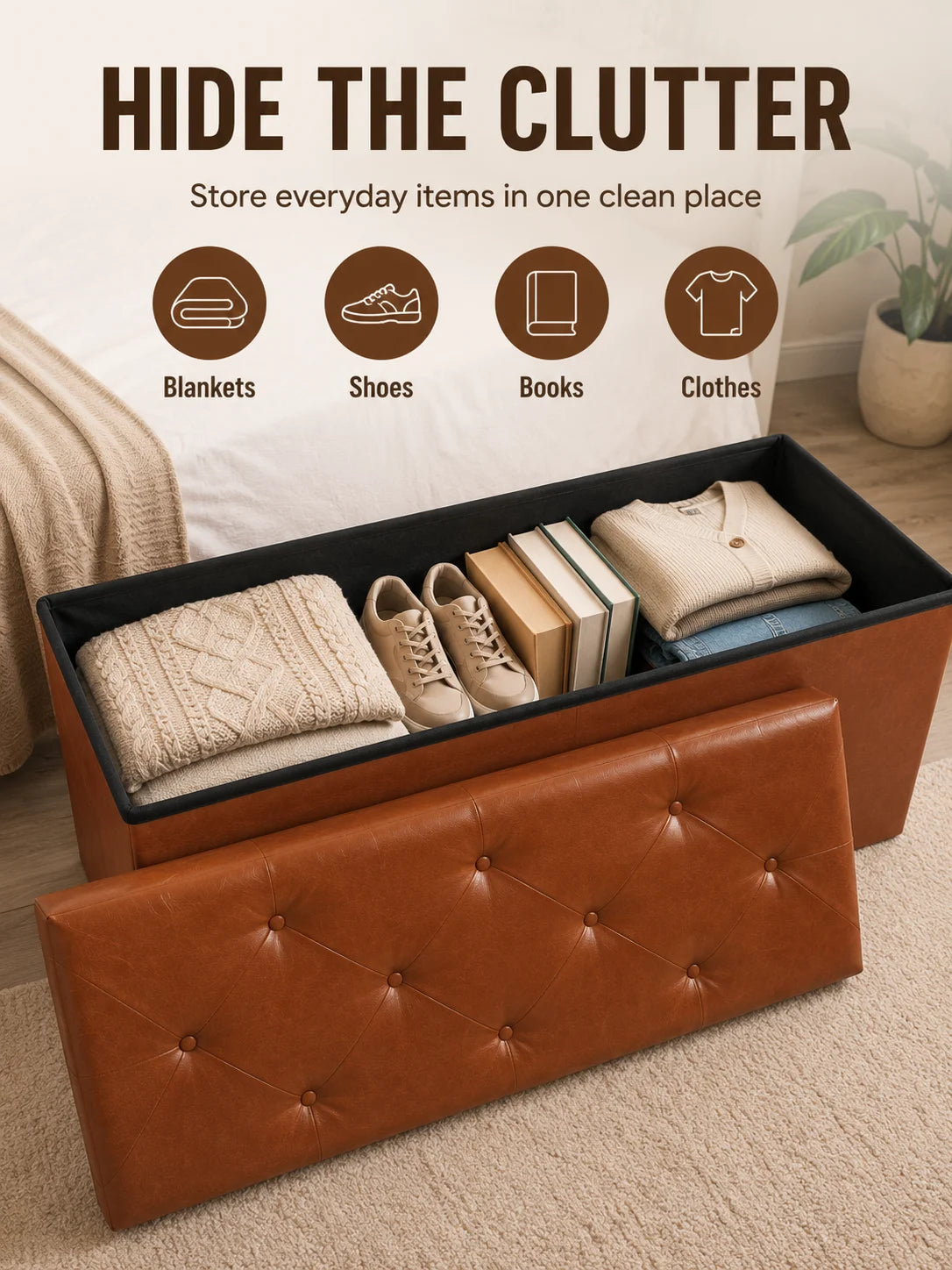 Tufted Faux Leather Storage Bench Ottoman