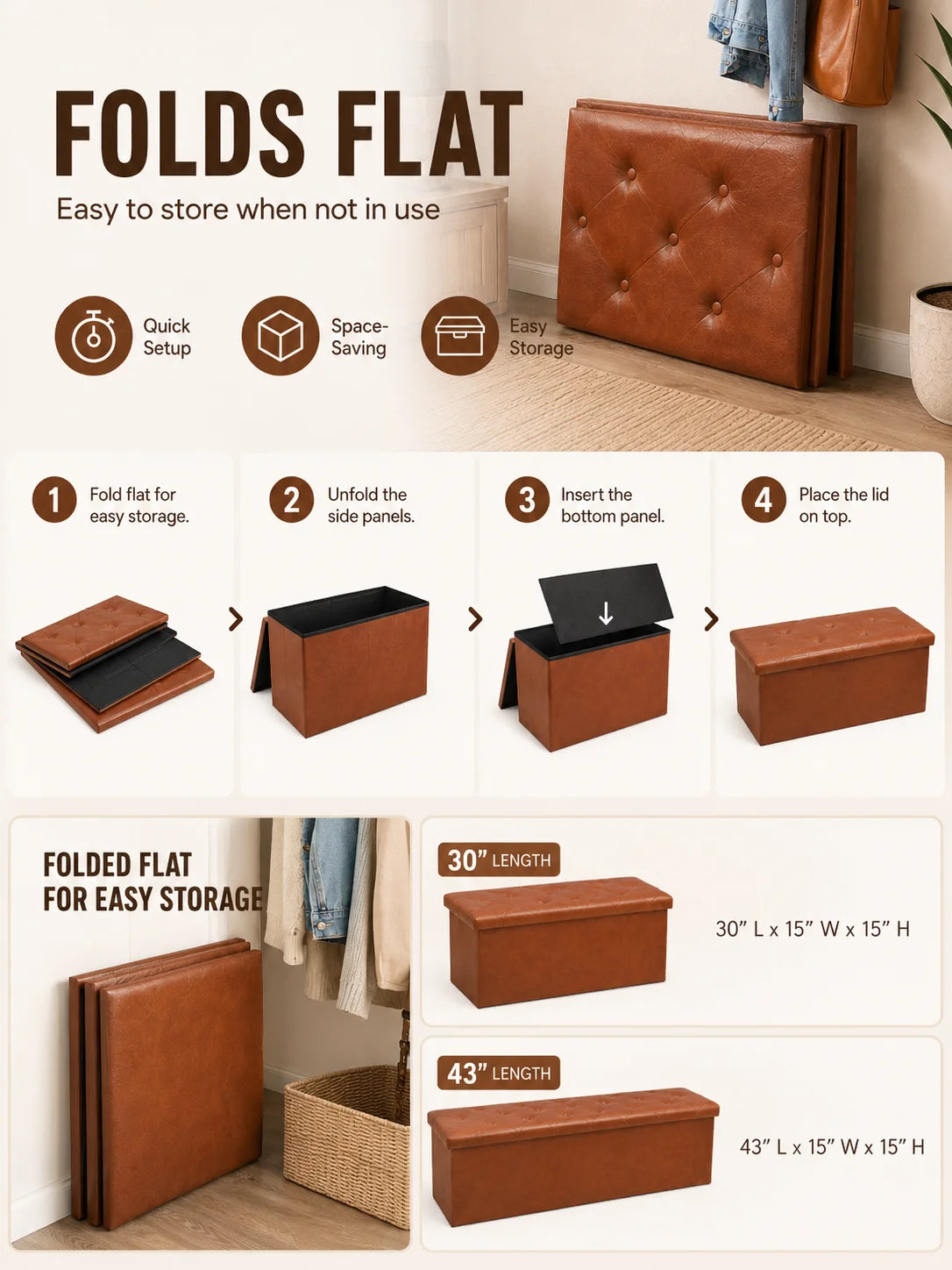 Tufted Faux Leather Storage Bench Ottoman