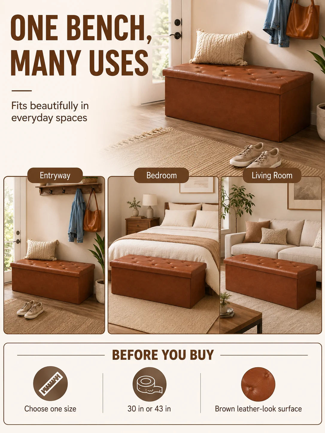 Tufted Faux Leather Storage Bench Ottoman