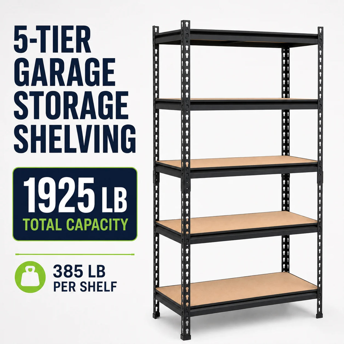 5-Tier Garage Storage Shelving Unit, 1925 Lb Total Capacity Metal Rack with MDF Shelves and Assembly Hardware for Garage Pantry Laundry Room, Black, 28' W X 12' D X 60' H