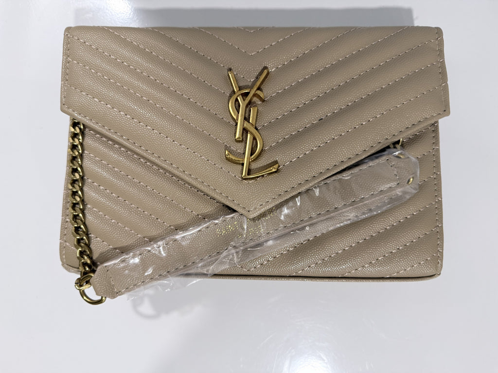 YSL-Inspired Beige Quilted Crossbody Shoulder Bag with Gold Chain Strap – New