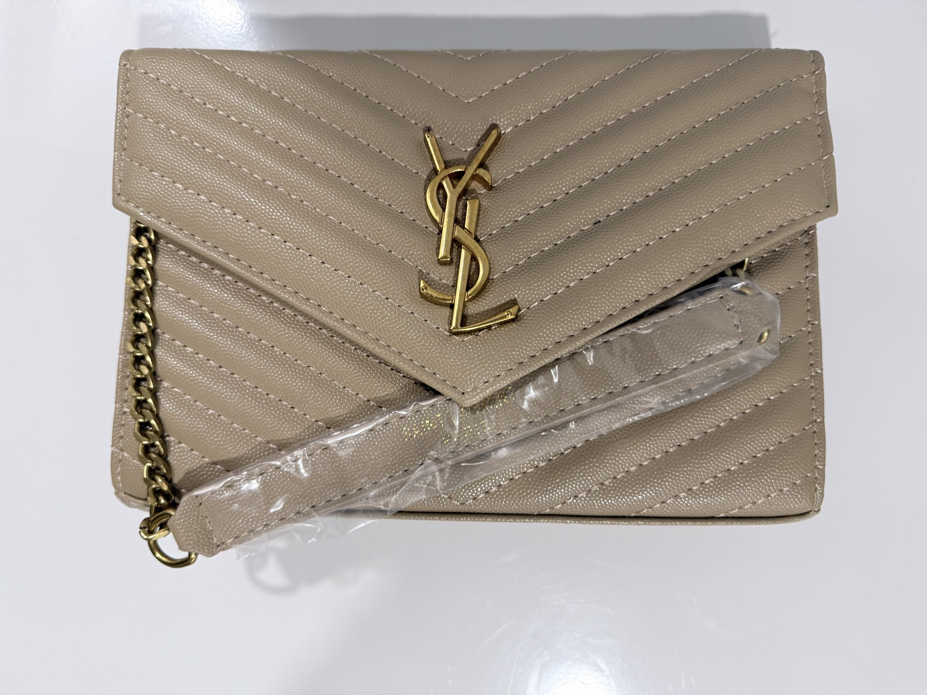 YSL-Inspired Beige Quilted Crossbody Shoulder Bag with Gold Chain Strap – New
