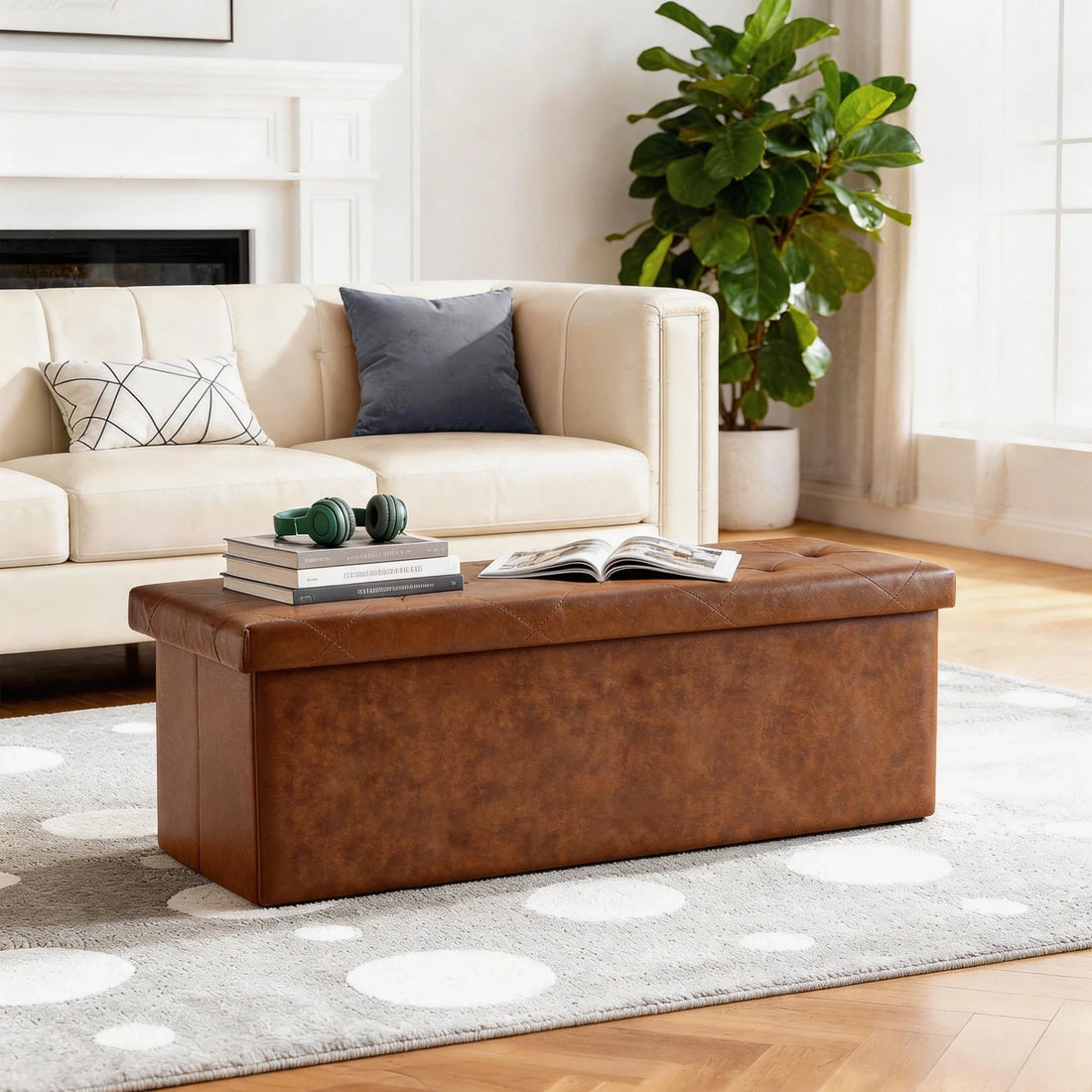 Tufted Faux Leather Storage Bench Ottoman
