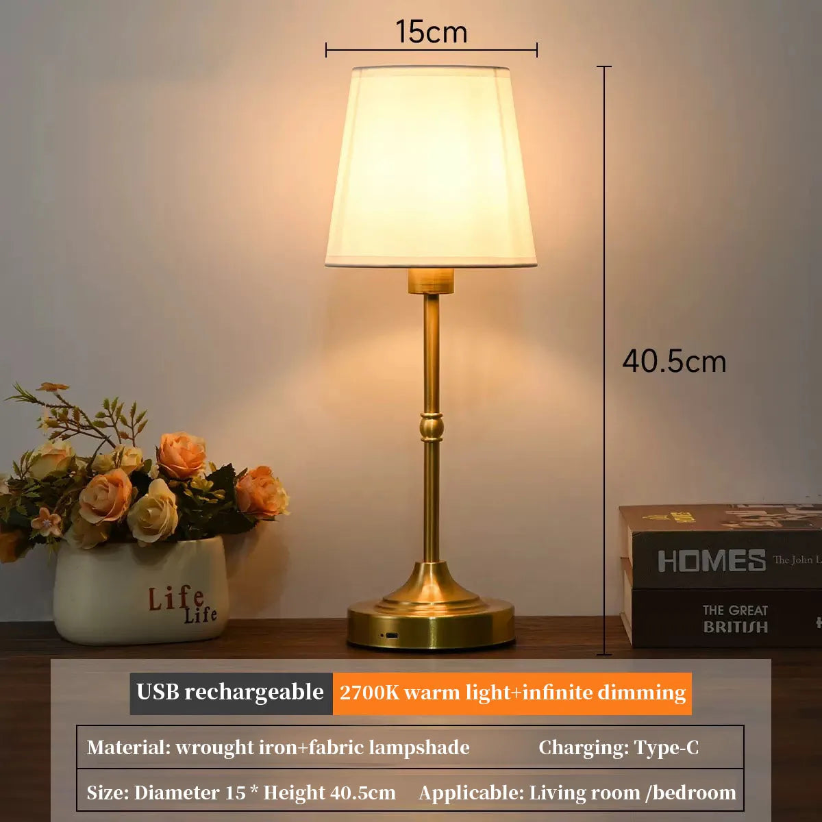 Rechargeable Touch Table Lamp with Dimmable Fabric Shade