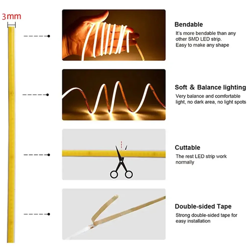 Flexible 3mm COB LED Strip Light