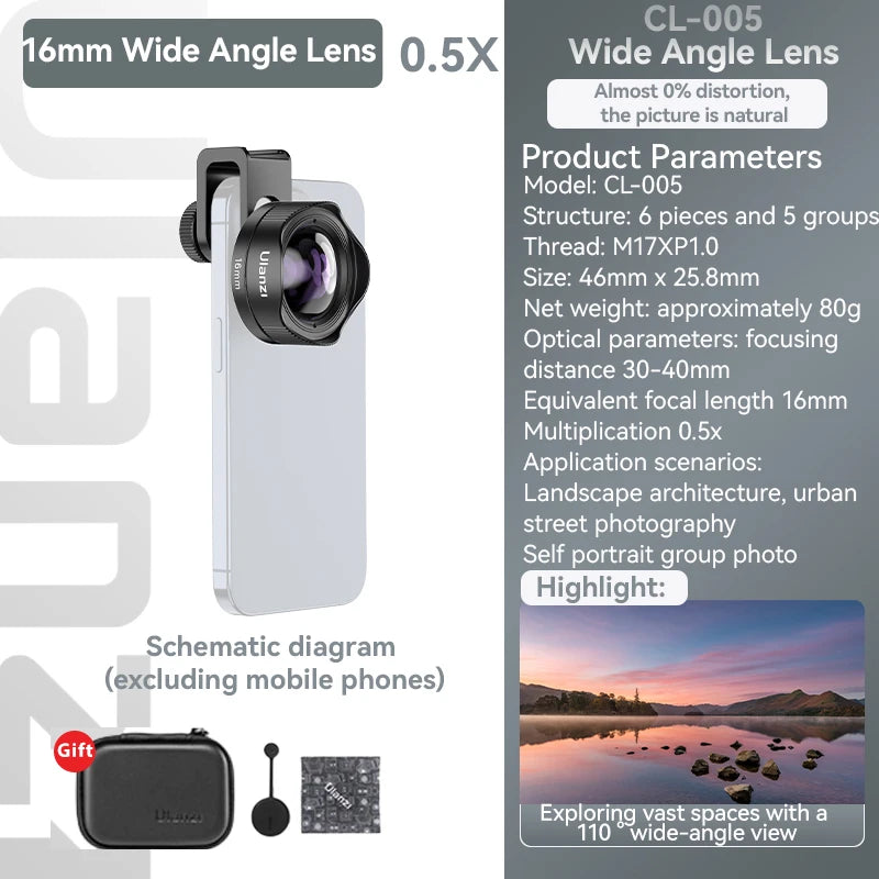 Ulanzi Phone 75mm Macro Lens With Clip Mount 0.5X Ultra Wide Angle External Fisheye Multiplier Lens Camera kit For iPhone 16 15