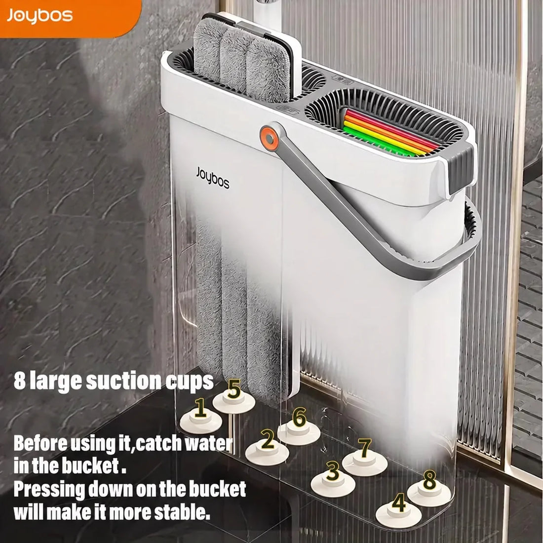 Joybos Ultra-Slim Flat Mop and Bucket System, Hands-Free Wash & Dry Floor Mop Set with 2 Microfiber Pads, 360° Swivel Mop with Squeegee Edge for Hardwood Tile Laminate