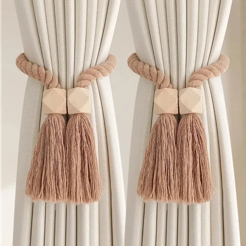 Magnetic Wooden Tassel Curtain Holdbacks