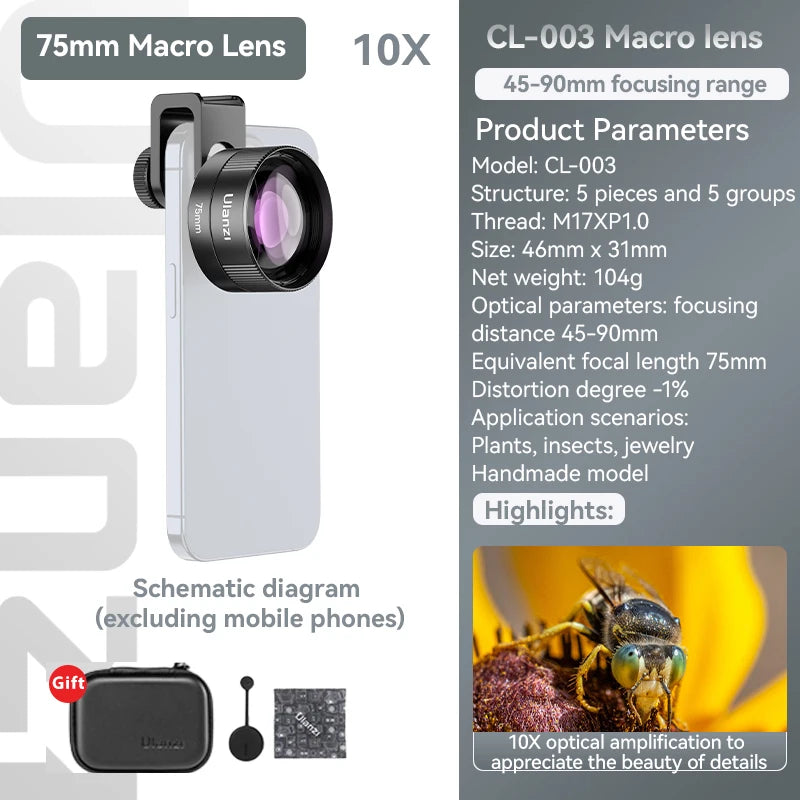 Ulanzi Phone 75mm Macro Lens With Clip Mount 0.5X Ultra Wide Angle External Fisheye Multiplier Lens Camera kit For iPhone 16 15