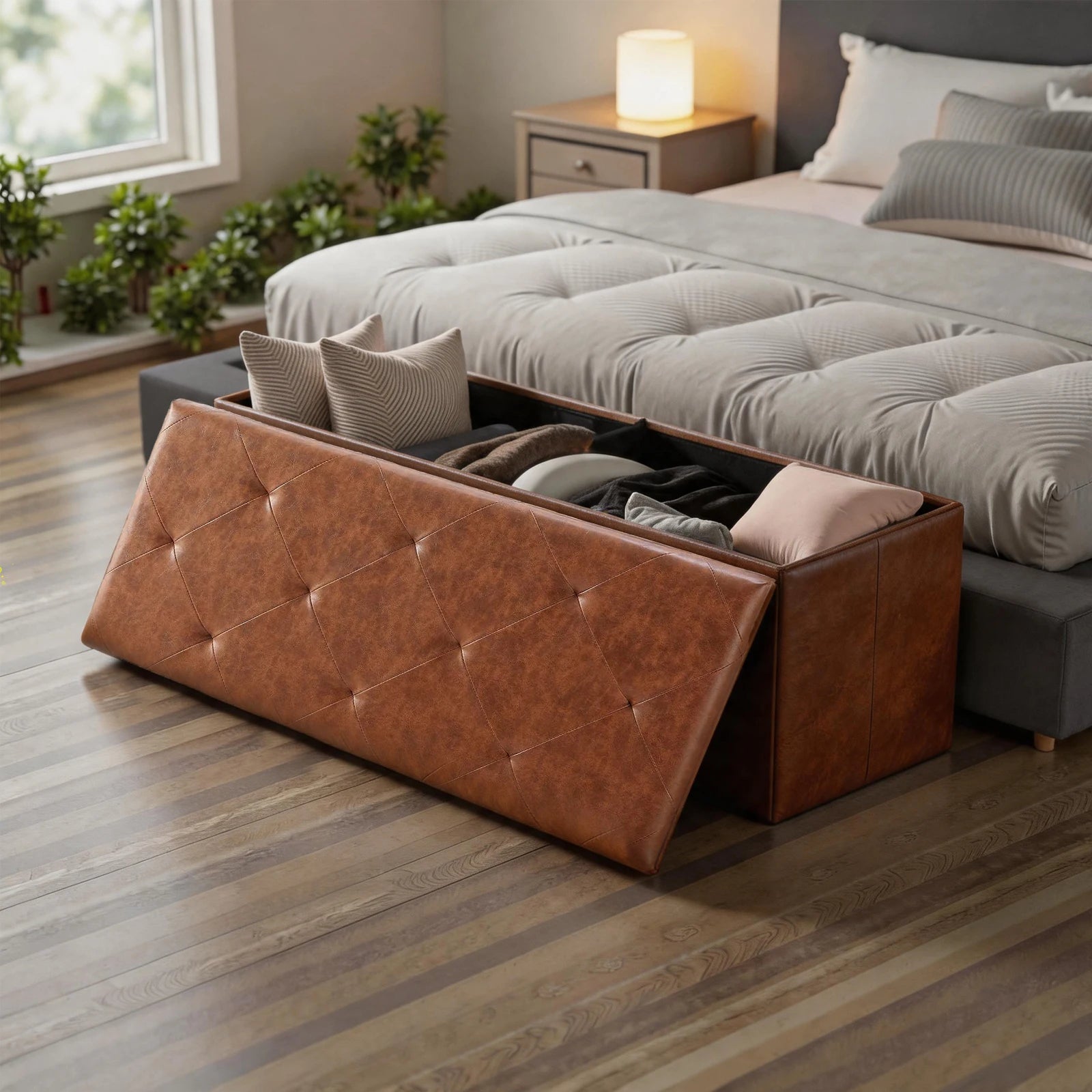 Tufted Faux Leather Storage Bench Ottoman