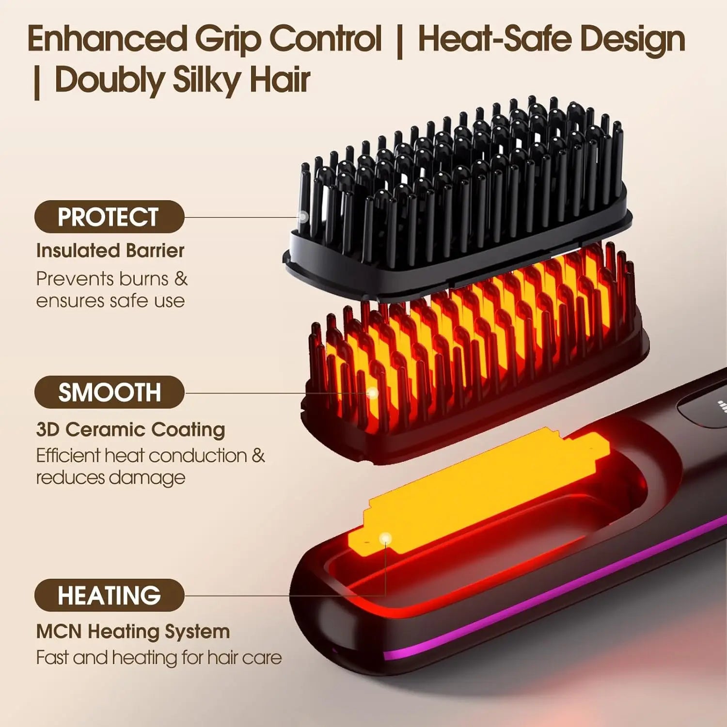 Cordless Hair Straightening Brush with LCD