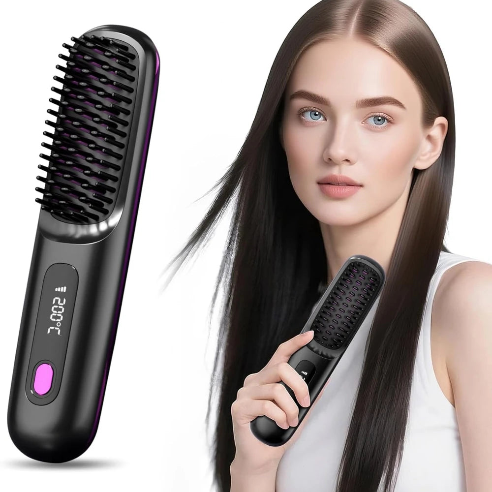 Cordless Hair Straightening Brush with LCD