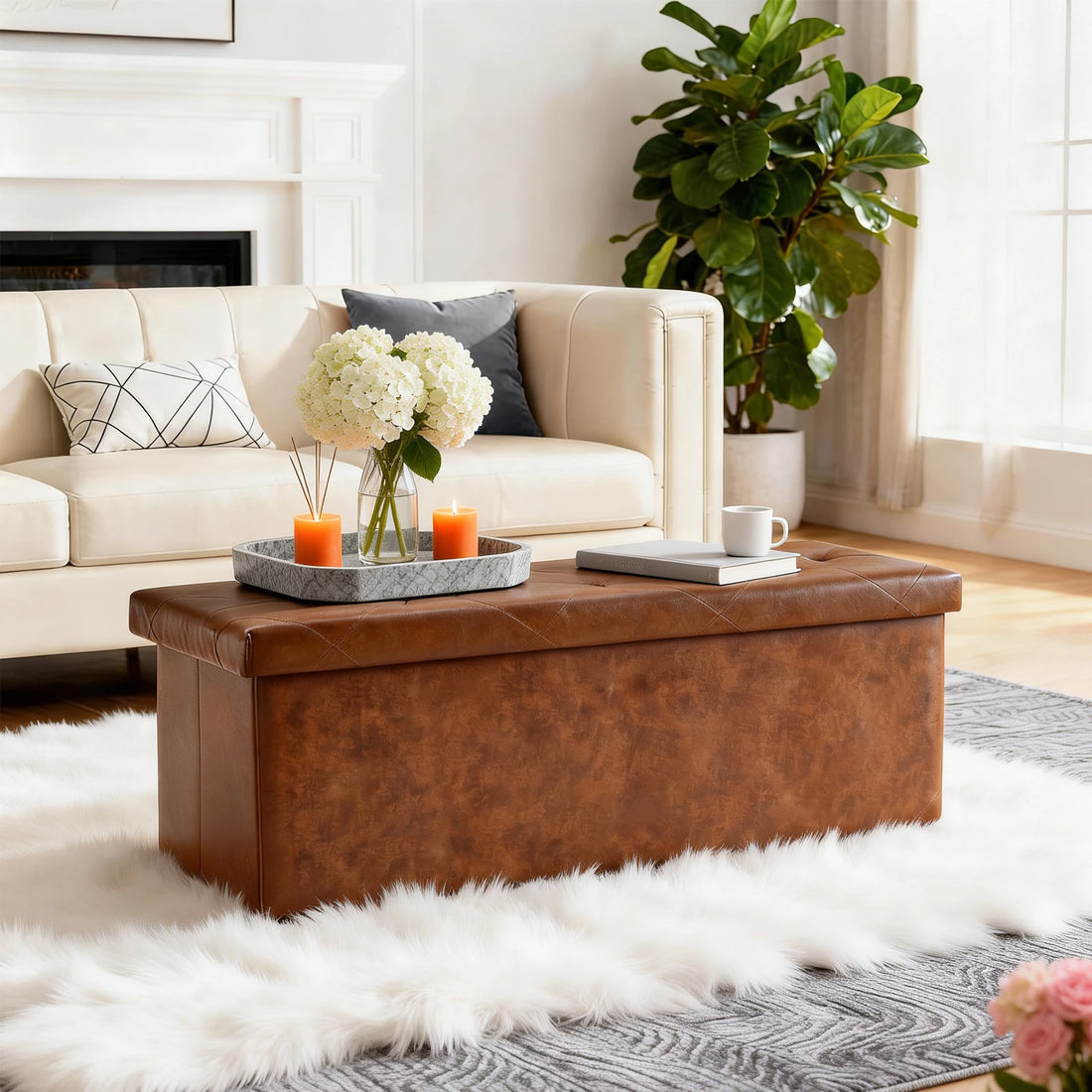 Tufted Faux Leather Storage Bench Ottoman