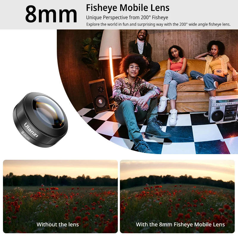 Ulanzi Phone 75mm Macro Lens With Clip Mount 0.5X Ultra Wide Angle External Fisheye Multiplier Lens Camera kit For iPhone 16 15