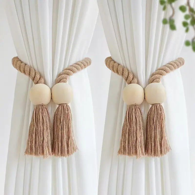 Magnetic Wooden Tassel Curtain Holdbacks