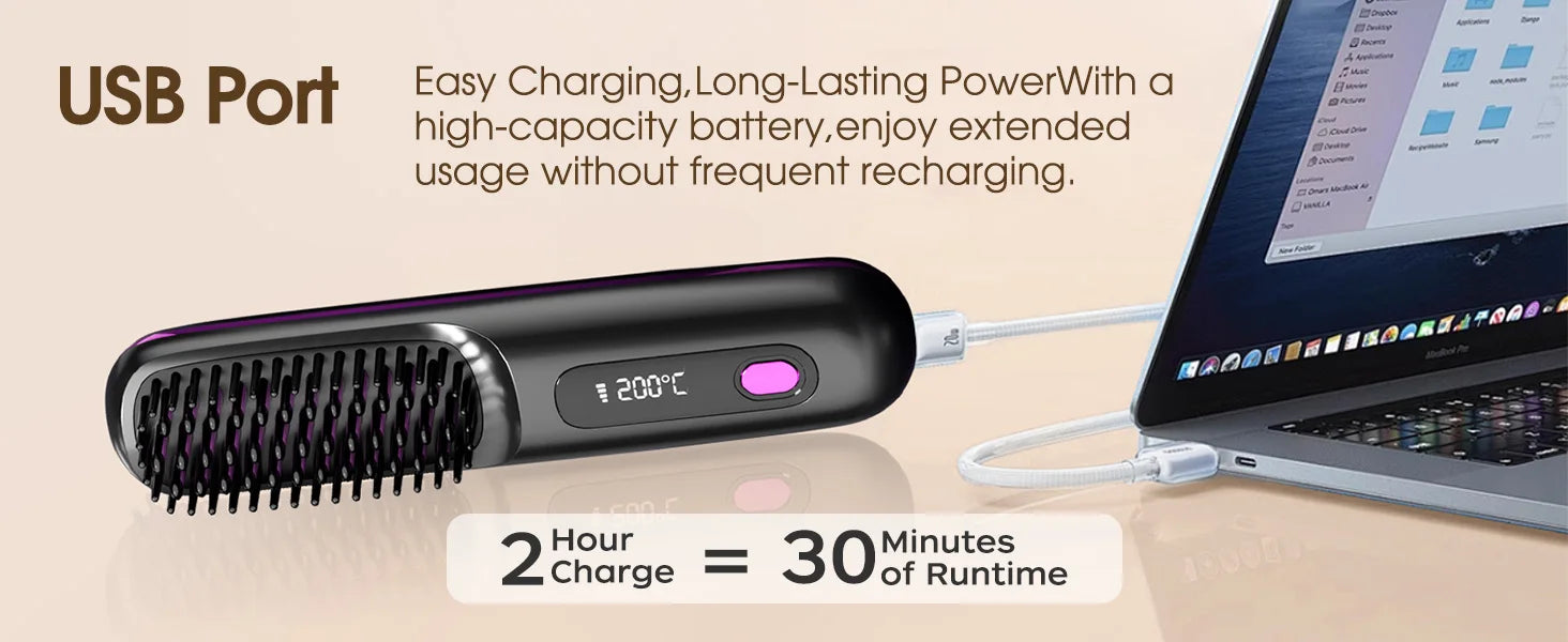 Cordless Hair Straightening Brush with LCD