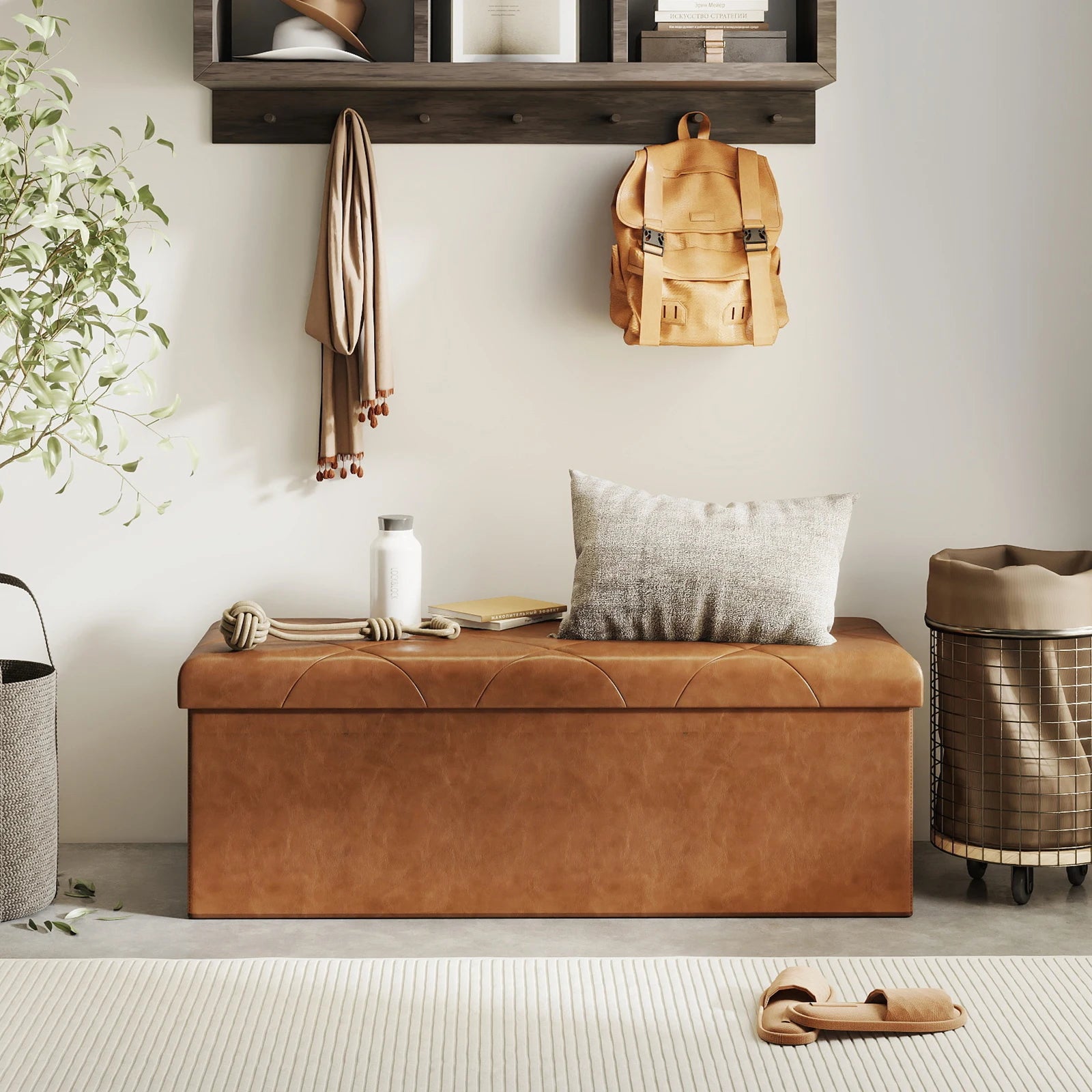 Tufted Faux Leather Storage Bench Ottoman