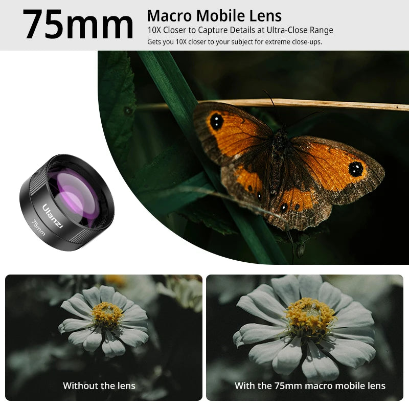 Ulanzi Phone 75mm Macro Lens With Clip Mount 0.5X Ultra Wide Angle External Fisheye Multiplier Lens Camera kit For iPhone 16 15