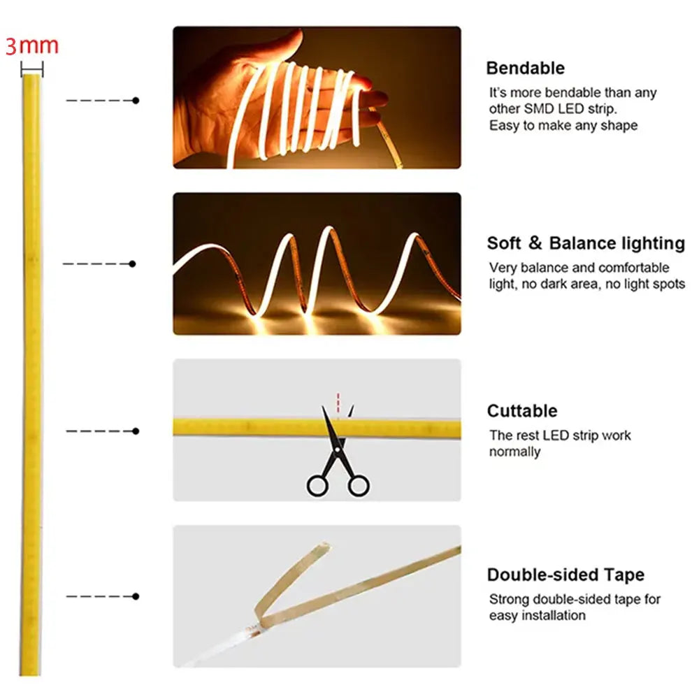 Flexible 3mm COB LED Strip Light