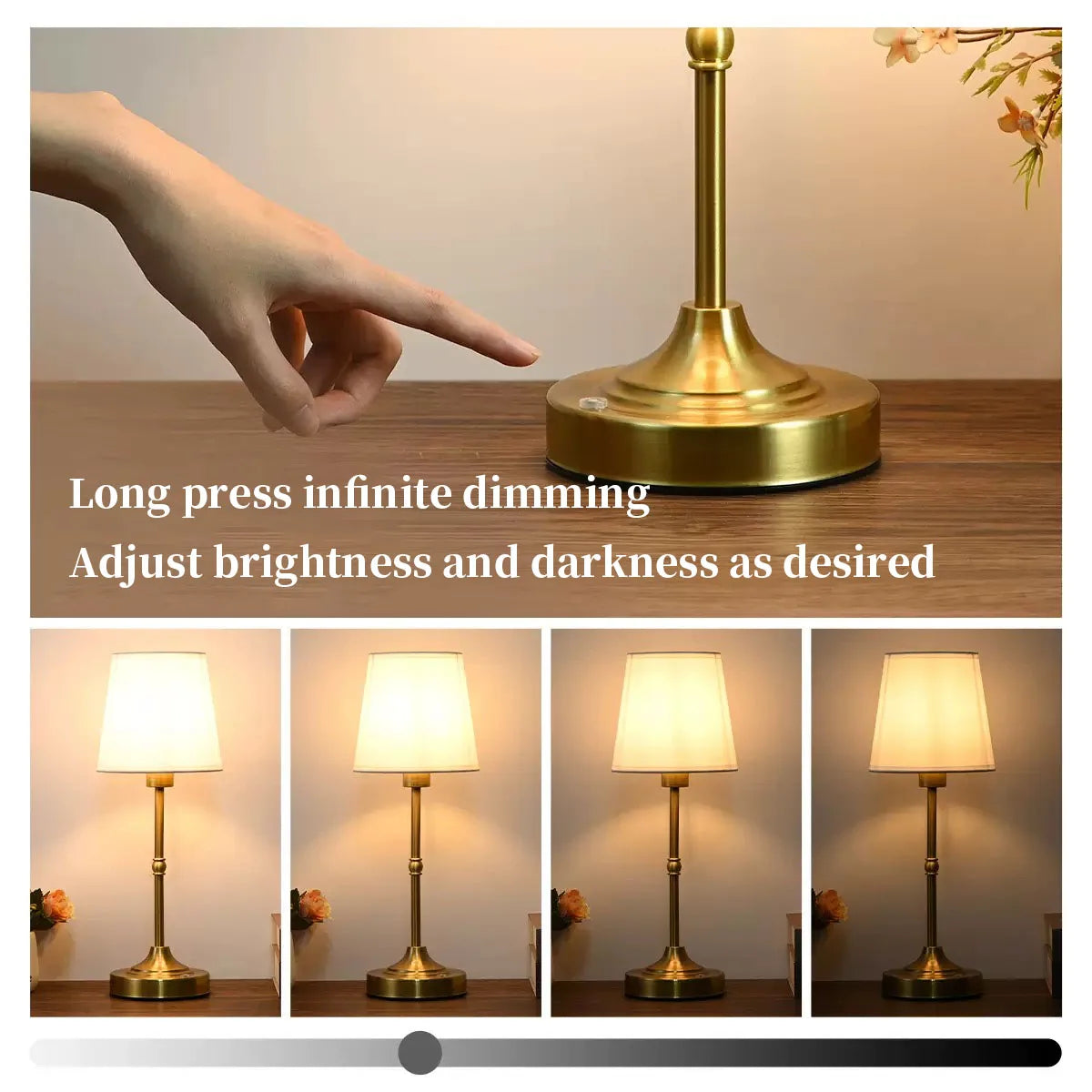 Rechargeable Touch Table Lamp with Dimmable Fabric Shade