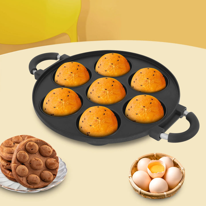 7-Hole Cake Mold Baking Pan with Handle Cake Cooking Pan Takoyaki Maker Non-stick Omelette Pan Kitchenware for Home Bakery Café