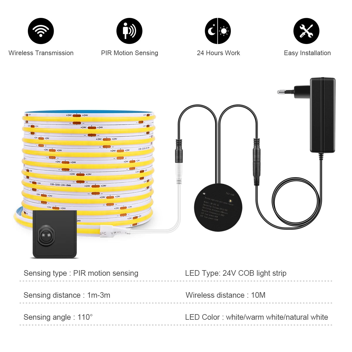 Flexible COB LED Strip with Wireless Motion Sensor