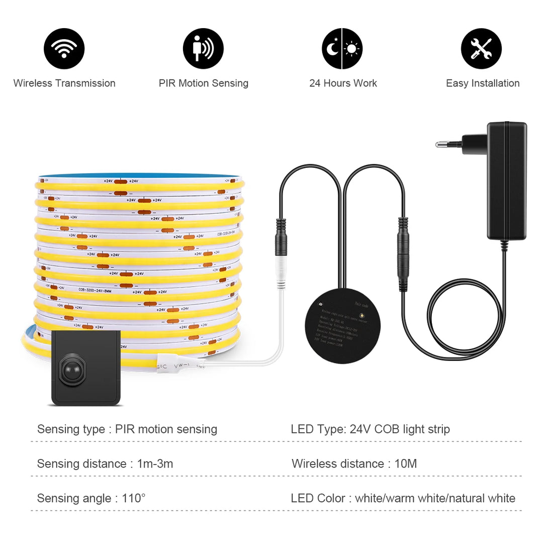Flexible COB LED Strip with Wireless Motion Sensor