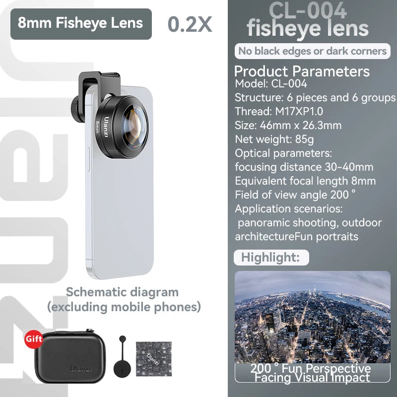 Ulanzi Phone 75mm Macro Lens With Clip Mount 0.5X Ultra Wide Angle External Fisheye Multiplier Lens Camera kit For iPhone 16 15