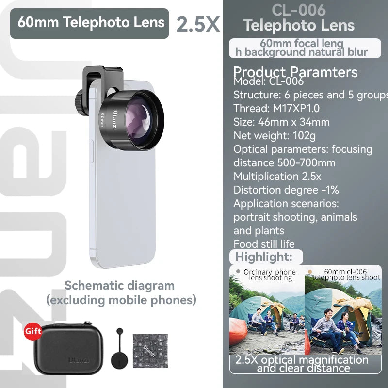 Ulanzi Phone 75mm Macro Lens With Clip Mount 0.5X Ultra Wide Angle External Fisheye Multiplier Lens Camera kit For iPhone 16 15