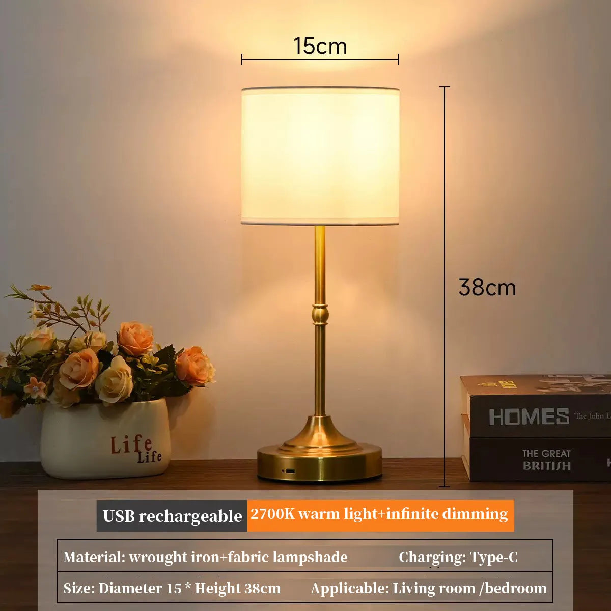 Rechargeable Touch Table Lamp with Dimmable Fabric Shade