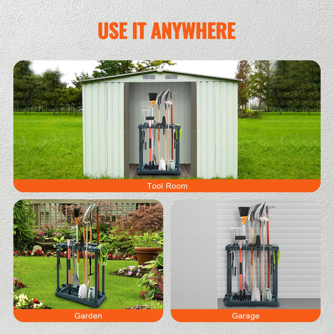 SucceBuy 10 Slots Yard Garden Tool Organizer Long-Handl Tool/Rake/Broom Tower Storage Rack Stand Holder for Garage Organization