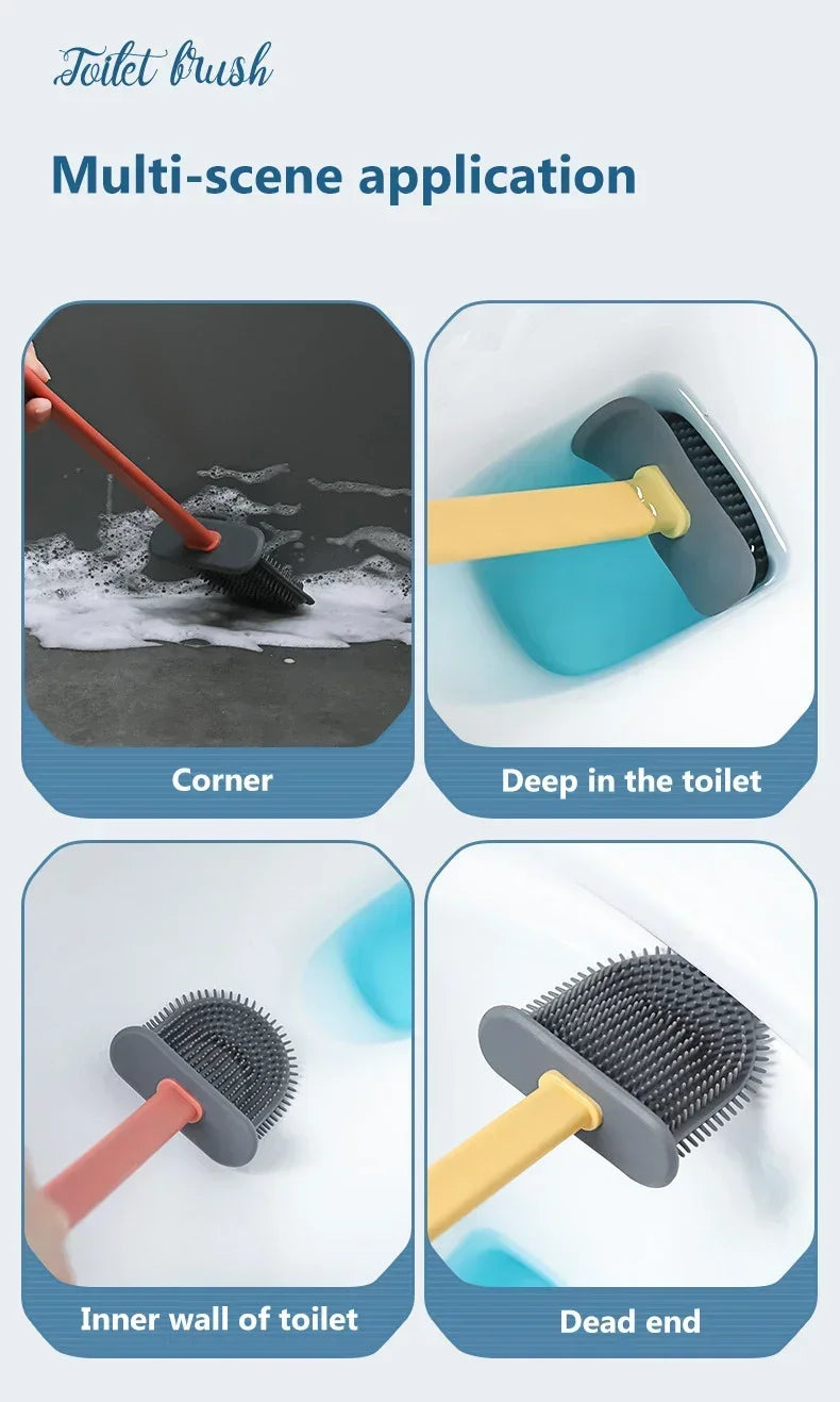 Flat-Head Silicone Toilet Brush with Holder