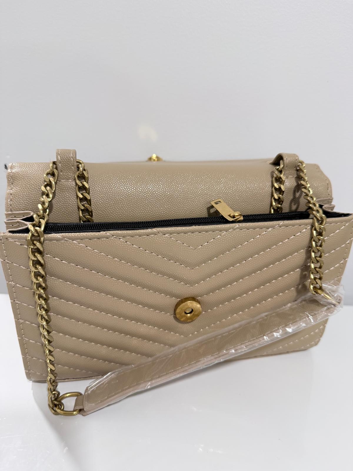 YSL-Inspired Beige Quilted Crossbody Shoulder Bag with Gold Chain Strap – New