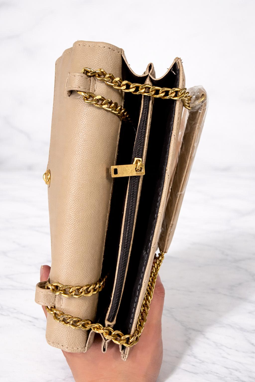 YSL-Inspired Beige Quilted Crossbody Shoulder Bag with Gold Chain Strap – New
